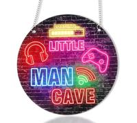 Neon Little Man Cave Sign Gaming Wooden Door Sign, Game Room Wall Decor, Video Game Hanging Wall Art Decor Cool Room Accessories for Bedroom, Playroom or Living Space Fun Gamer Signs (20cm)