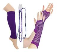 Neon Long Fishnet Gloves Mardi Gras Beads, Neon Long Fishnet Fingless GlovesWarmers and Fishnet Gloves Set,Women's 80s Costume Accessories Set, 1980s Fancy Dress Costume Accessories Purple Party