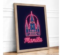 Neon Manila Church Retro Framed Wall Art Print A3 (42×29.7cm) Oak, Wall Decor for Living Room, Bedroom, Office & Home, Ready to Hang, Art Gift