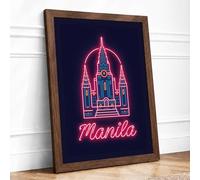 Neon Manila Church Retro Framed Wall Art Print A4 (29.7×21cm) Walnut, Wall Decor for Living Room, Bedroom, Office & Home, Ready to Hang, Art Gift
