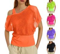 Neon Mesh Top Women's Mesh Top Mesh Shirt Carnival Costume 70s 80s Shirt Short Sleeve Blouse T-Shirt Aerobic Rave Party Top Fancy Dress Theme Party Outfit Fancy Dress Costumes, orange, L