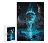 Neon Moon Waterfall Oasis: Winter Activity Gift, 300 PCS Wooden Brain Teaser for Adults, with A Decorative Finished Picture