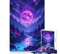 Neon Moonlit Mountain River Landscape 1000 Piece Jigsaw Puzzle for Teenagers Brain Workout Toy Calming Play Art Assembly Festive Gift (38x26cm)