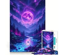 Neon Moonlit Mountain River Landscape 1000 Piece Jigsaw Puzzles for Adults Brain Workout Toy Peaceful Fun Art Assembly Fine Art Piece (50x75cm)
