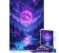 Neon Moonlit Mountain River Landscape 1000 Piece Jigsaw Puzzles for Adults Brain Workout Toy Peaceful Fun Art Assembly Fine Art Piece (50x75cm)