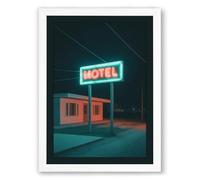 Neon Motel at Night Retro Framed Wall Art Print A1 (84.1×59.4cm) White, Wall Decor for Living Room, Bedroom, Office & Home, Ready to Hang, Art Gift