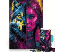 Neon Native American Wolf Hard Jigsaw Puzzle for Adults 1000 Pieces Logic Train Toy Peaceful Time Smooth Cut Premium Gift (50x75cm)