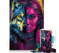 Neon Native American Wolf Hard Jigsaw Puzzle for Adults 1000 Pieces Logic Train Toy Peaceful Time Smooth Cut Premium Gift (38x52cm)