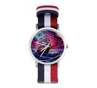Neon Ocean Wave Boat Custom Quartz Watches Arabic Numerals Wrist Watch with Adjustable Strap for Men Women