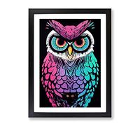 Neon Owl Framed Print | A3 Black Framed Wall Art | Ready to Hang | Modern Animal Picture | Living Room Bedroom Lounge Office