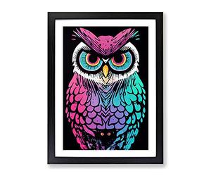 Neon Owl Framed Print | A4 Black Framed Wall Art | Ready to Hang | Modern Animal Picture | Living Room Bedroom Lounge Office