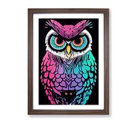 Neon Owl Framed Print | A4 Walnut Framed Wall Art | Ready to Hang | Modern Animal Picture | Living Room Bedroom Lounge Office