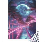 Neon Palm Trees Night Scene Jigsaw Puzzle for Adults, 1000 Pieces, 38x26cm/1000pcs, Quiet Home Activity, Weekend Downtime And Time at Home