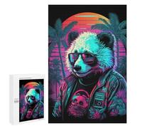 Neon Panda Sunset Palm Trees Adult Wooden Jigsaw, 1000 PCS - New Year Puzzle Gift, with A Decorative Finished Picture