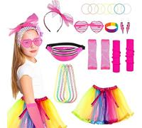 Neon Party Accessories, 80s Fancy Dress for Women, 30 Pcs 80s Fancy Dress for Women Include Rainbow Skirt Bag Earrings Necklace Bracelet Headband Glasses, for 80s 90s Halloween