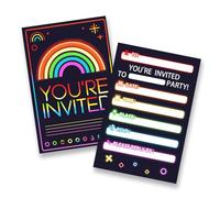 Neon Party Invitations - 20 PCS Glow Rainbow Theme Birthday Invites | Vibrant Neon Design, Rectangular Cards | Kids' Birthday Party, Disco & Festival Invitations, Ready to Write