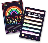 Neon Party Invitations - 40 PCS Glow Rainbow Theme Birthday Invites | Vibrant Neon Design, Rectangular Cards Kids' Birthday Party, Disco Festival Invitations, Ready to Write