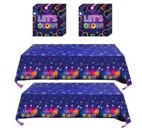 Neon Party Table Covers, Rectangular Multicoloured Printed Tablecloth Set | Dark blue and purple base, stars, circles, light-beam effects, celebratory lettering, for birthday buffets and social events