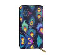 Neon Peacock Feather Zipper leather wallet, 7.5 * 4.1 inch long clutch bag, multiple compartments and large capacity, a good gift for friends