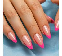 Neon Pink French Tip Press On Nails Almond Shape - 24 Pcs Glossy Nude Base False Nails For Women Fashion Wedding Party Daily Wear Elegant Fingertip Decoration Manicure Kit