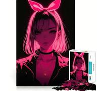 Neon Pink Glow Anime Girl 1000 Pieces Jigsaw Puzzles for Teenagers Thought Toy Home Activity Precise Edge Santa Wish List (38x52cm)