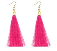 Neon Pink Plain Long Tassel Earrings Gold Metal Cap and Hook Flourescent (Pink)