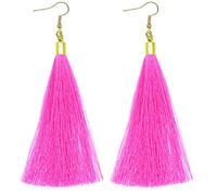 Neon Pink Plain Long Tassel Earrings Gold Metal Cap and Hook Flourescent (Pink Fluo)