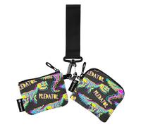Neon Predator Dino Double Coin Purse Credit Card Holder Slim Detachable ID Card Holder Zipper Coin Pocket for Work and Travel, 2 Pack, Multicolor, 4.13"(L) x, multi-coloured, 4.13"(L) x 3.5"(W),