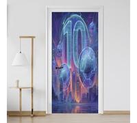 Neon Punk City 3D Door Stickers Futuristic Technology Self-Adhesive Door Decal PVC 80x200 cm for Bedroom Peel and Stick Photo Poster Decoration zO179M
