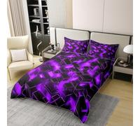 Neon Purple Double Duvet Cover Set Abstract Geometric Bedding 3D Soft Comfort Microfiber Quilt Cover 200x200 cm with Zipper Closure and 2 Pillowcases for Kids Teenager Adults U.399