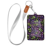 Neon Purple Pink Leopard Pattern Leather Name Badge Holders with Lanyard and 3-Card Capacity Card Holder case for Staffs Officers Students Doctors Employees