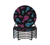 Neon Question Mark Seamless,Round Ceramic Coasters, Mugs Pad, Cups Mat Set of 6 Drinks Coasters With Holder