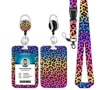 Neon Rainbow Leopard Print Lanyards for ID Badges, Colorful Leopard ID Badge Reel Retractable Badge Holder with Lanyard for Teacher, Women, Kids