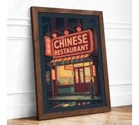 Neon Restaurant Sign Retro Framed Wall Art Print A2 (59.4×42cm) Walnut, Wall Decor for Living Room, Bedroom, Office & Home, Ready to Hang, Art Gift