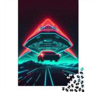 Neon Retro Alien Spaceship1 Jigsaw Puzzles Game Adult 500 Piece Jigsaw Wooden Creative Jigsaw Puzzle Decompressing Game 500pcs (52x38cm)