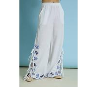 Neon Rose Women's Cotton Stretch Tie Side Floral Embroidered Trousers in White | Size: XS Neon Rose White XS