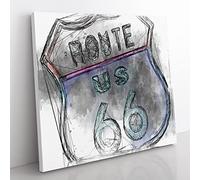 Neon Route 66 Sign in Abstract Modern Canvas Wall Art Print Ready to Hang, Framed Picture for Living Room Bedroom Home Office Décor, 35x35 cm (14x14 Inch)