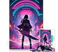 Neon Samurai Girl Holding Blade in Cityscape Jigsaw Puzzle 1000 Piece for Teenagers Mind Puzzle Leisure Fun Art Assembly Art Collectible (38x26cm)