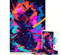 Neon Samurai Warrior with Katana Jigsaw Puzzles 1000 Piece for Adults Memory Boost Indoor Fun Pattern Assembly (38x26cm)