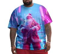 Neon Santa Holiday T-Shirt, Men's Round Neck Oversized Tee, Christmas Graphic Summer Top for Daily and Party Wear,7XL