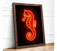 Neon Seahorse Modern Framed Wall Art Print A2 (59.4×42cm) Walnut, Wall Decor for Living Room, Bedroom, Office & Home, Ready to Hang, Art Gift