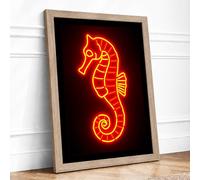 Neon Seahorse Modern Framed Wall Art Print A4 (29.7×21cm) Oak, Wall Decor for Living Room, Bedroom, Office & Home, Ready to Hang, Art Gift