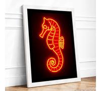 Neon Seahorse Modern Framed Wall Art Print A4 (29.7×21cm) White, Wall Decor for Living Room, Bedroom, Office & Home, Ready to Hang, Art Gift