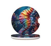 Neon Seahorse Print Car Cup Holder Coaster Ceramic Cork Base Drink Coasters for Home Kitchen Office Party Table Decor Auto Accessories 2 Pack