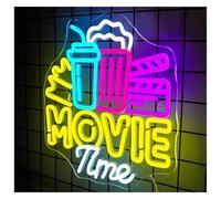 Neon Sign Party Decoration Movie Time Neon Led Sign Dimmable Wall Light Up Signs Cinema Popcorn Room Decoration For Bedroom Home Theatre Bar Club Party 32x32.5cm