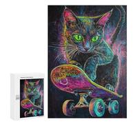 Neon Skateboarding Cat Art Print -4 Puzzle 1000 Teile Schwer Puzzle Spielzeug Lernspiel Impossible Herausforderungsspielzeug Für Erwachsene Kinder 300 PCS