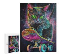 Neon Skateboarding Cat Art Print -4 Puzzle 1000 Teile Schwer Puzzle Spielzeug Lernspiel Impossible Herausforderungsspielzeug Für Erwachsene Kinder 500 PCS