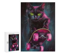 Neon Skateboarding Cat Art Print Puzzle 1000 Teile Schwer Puzzle Spielzeug Lernspiel Impossible Herausforderungsspielzeug Für Erwachsene Kinder 300 PCS