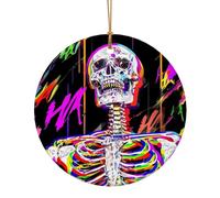 Neon Skeleton with Laugh Print Ceramic Holiday Ornament Set, Personalized Christmas Tree Decor Hanging Pendant 9cm