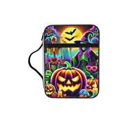 Neon-Skeletons-Bats-Halloween Bible Cover Case with Handle, Water-Resistant Oxford Fabric Bible Bag Organizer with Zipper Pockets for Church